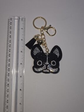 Sparkling Black Frenchie  Dog Face Keychain with Gold Hardware
